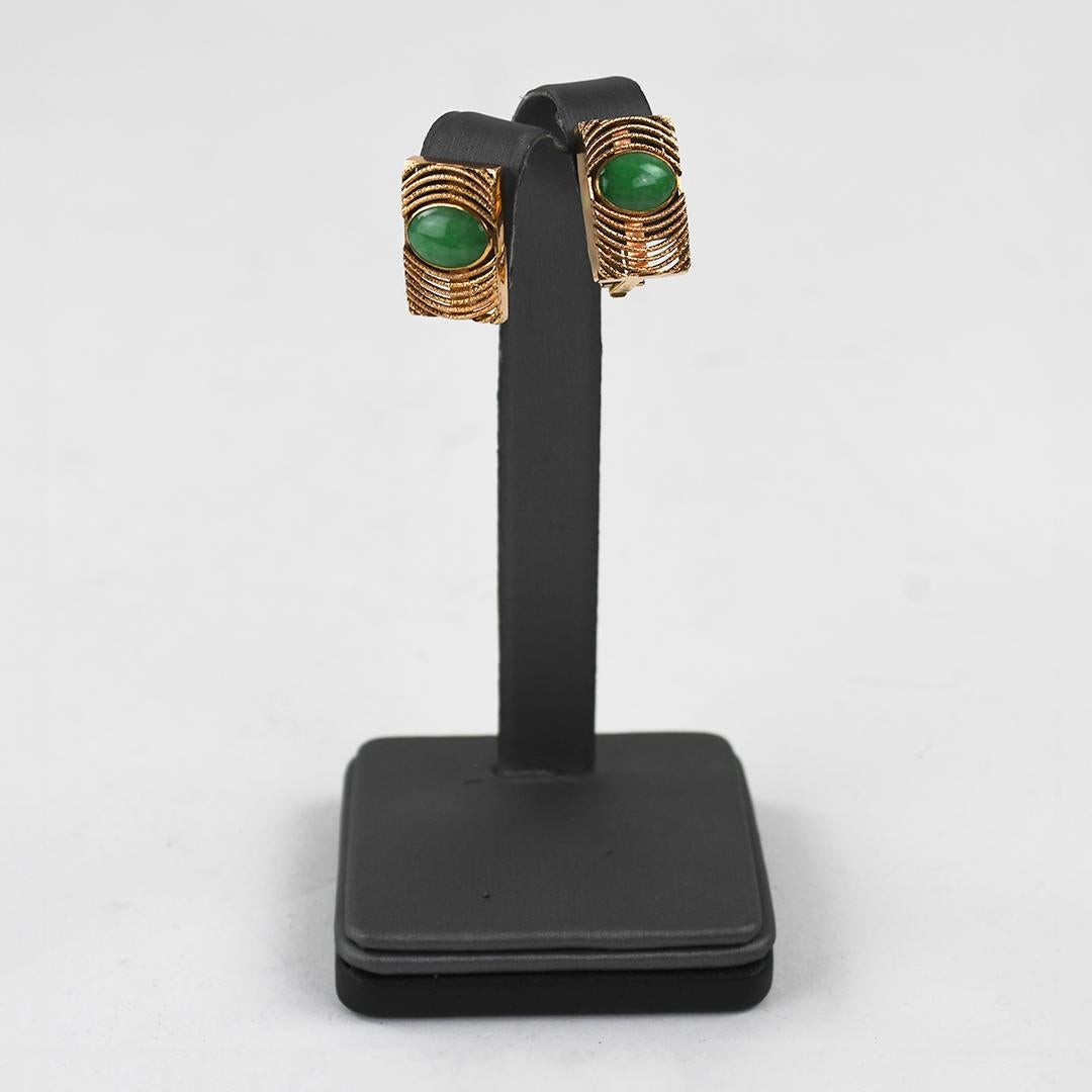 Women's or Men's 14K Yellow Gold Vintage Jade Earrings 7.8g For Sale