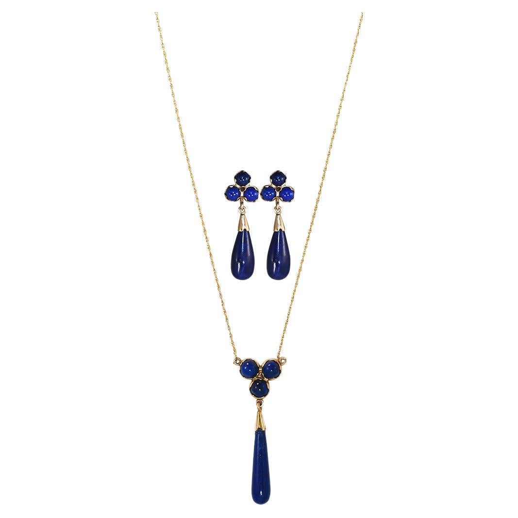 14K Yellow Gold Vintage Lapis Necklace & Earrings Set For Sale