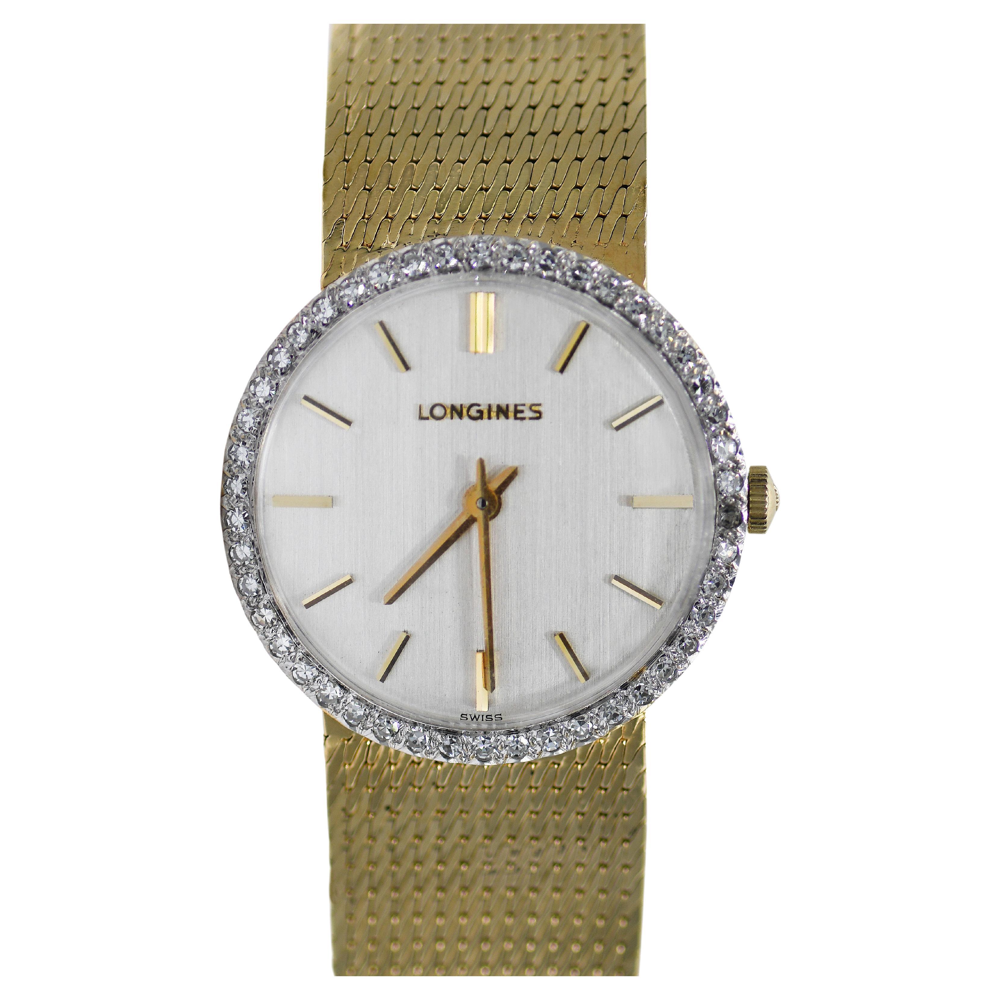 14K Yellow Gold Vintage Longines Diamond Bezel Watch 28mm