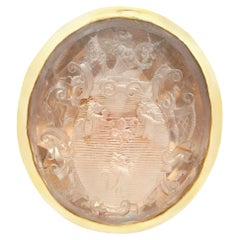 Vintage 14k Yellow Gold Hand Carved 25ct+ Smokey Quartz Seal Ring