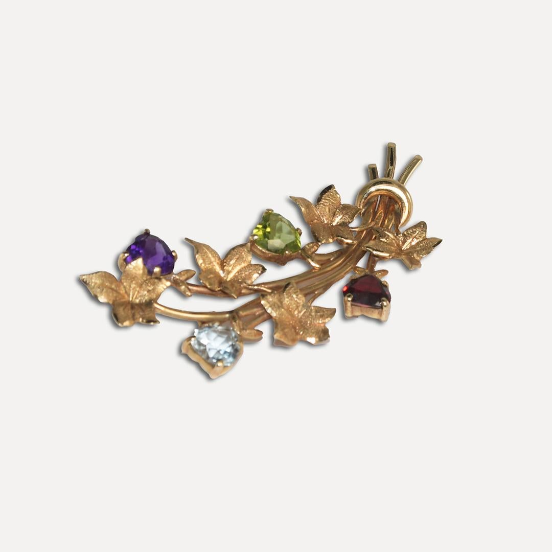Heart Cut 14K Yellow Gold Vintage Multi-Gemstone Brooch 6.3g For Sale