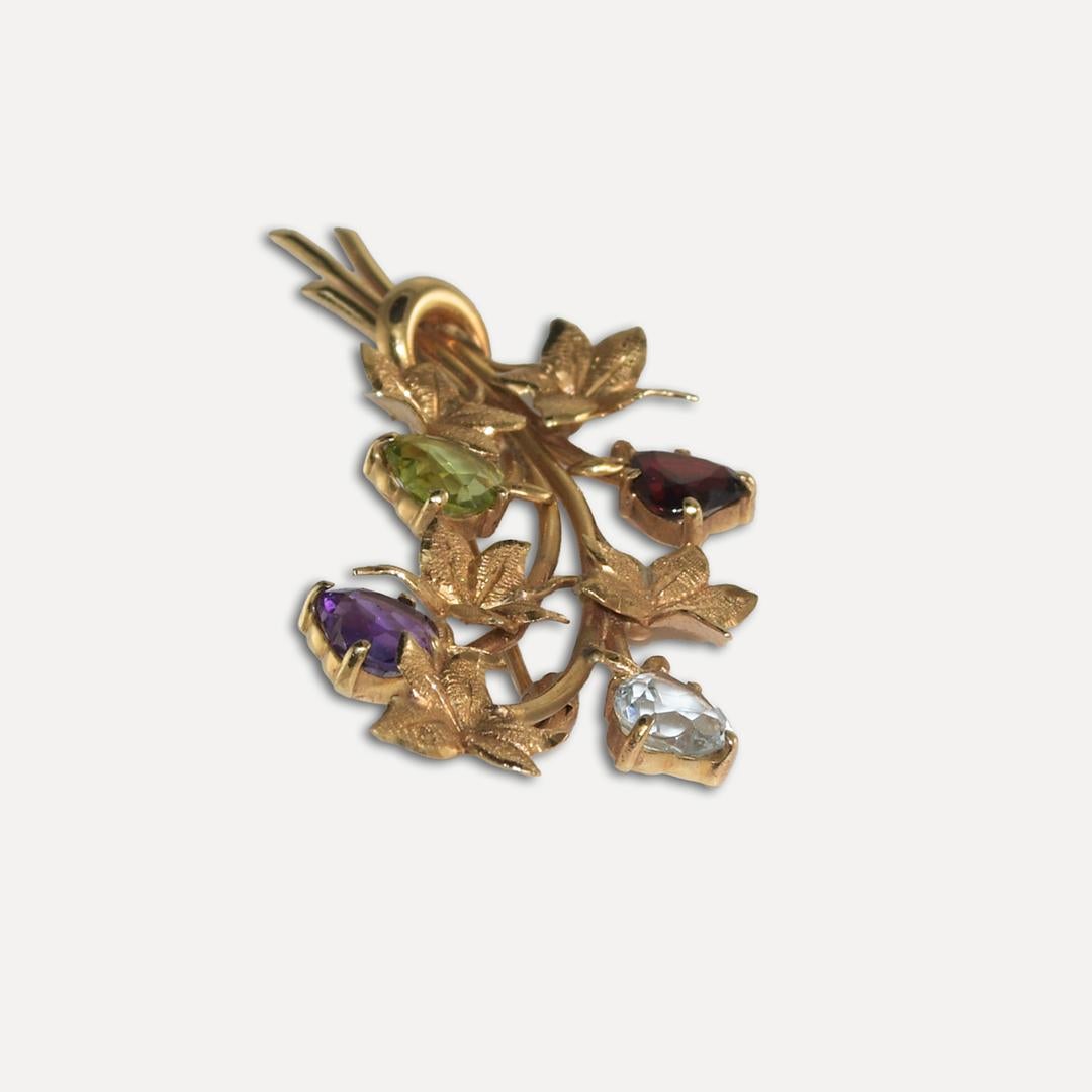 14K Yellow Gold Vintage Multi-Gemstone Brooch 6.3g In Excellent Condition For Sale In Laguna Beach, CA