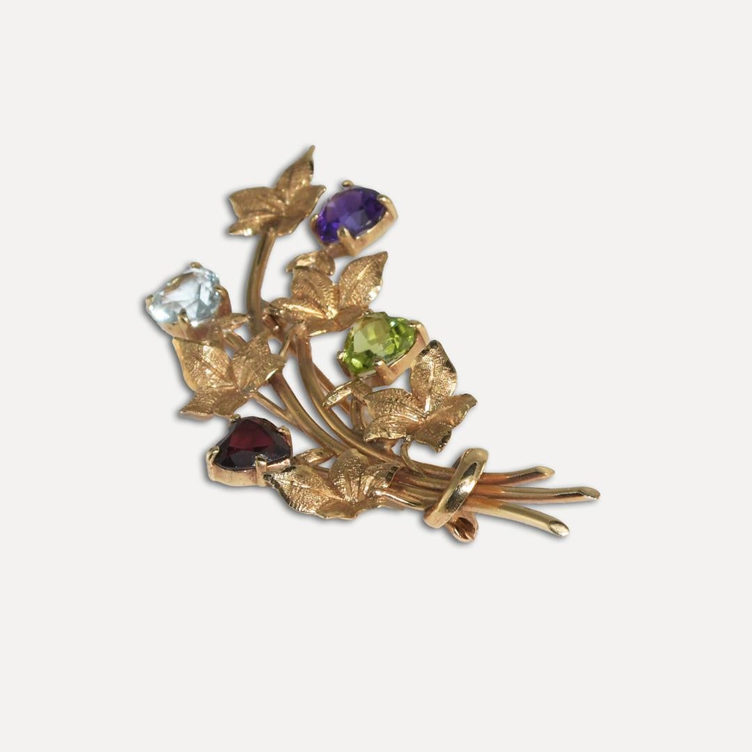 Women's or Men's 14K Yellow Gold Vintage Multi-Gemstone Brooch 6.3g For Sale
