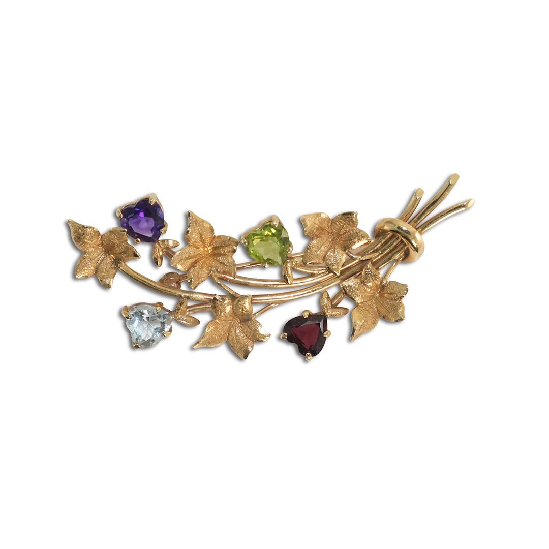 14K Yellow Gold Vintage Multi-Gemstone Brooch 6.3g