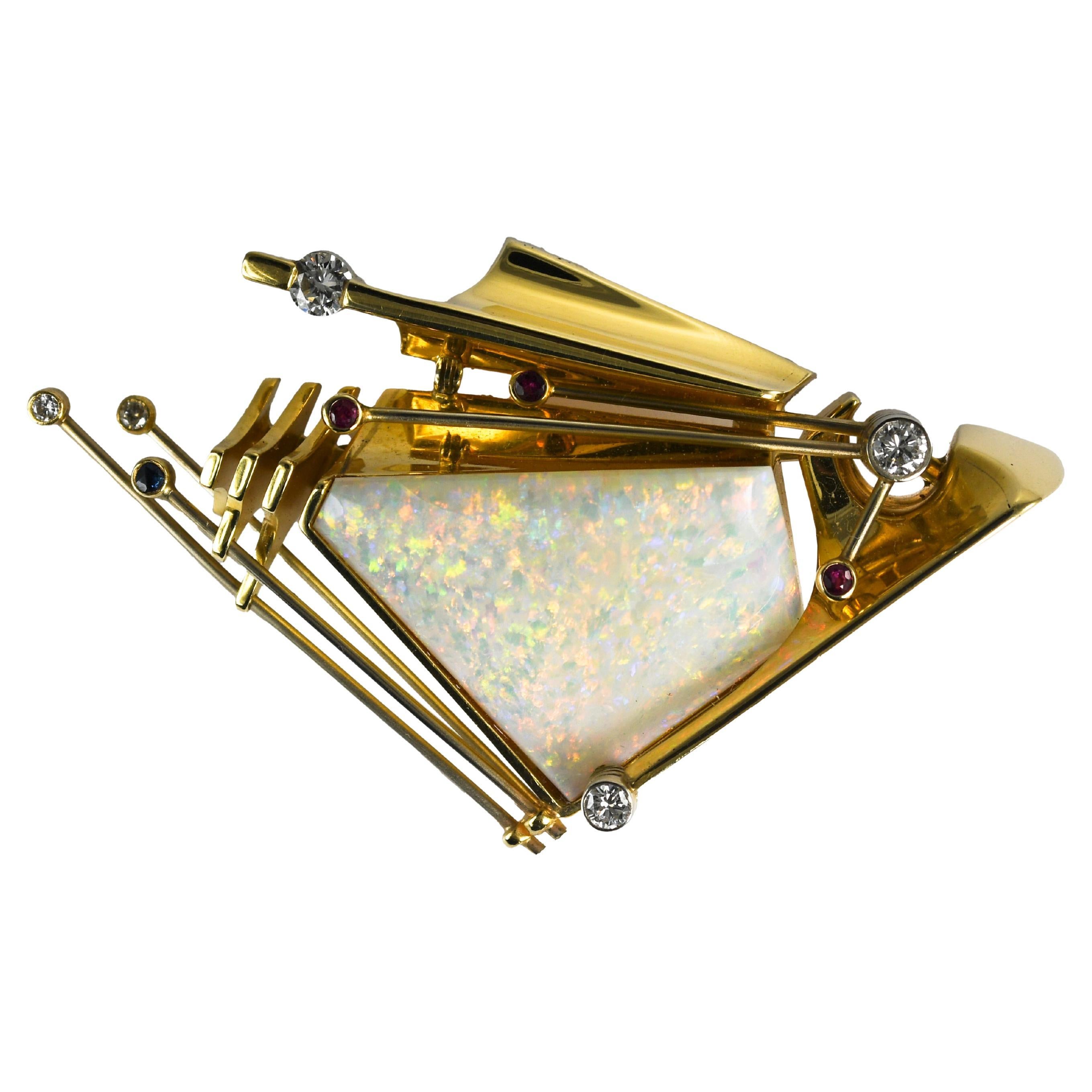 Broche vintage de oro amarillo de 14 quilates con ópalo y diamantes 34 g en venta
