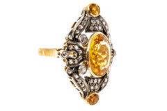 14k Yellow Gold Vintage Oval Citrine and Rose Cut Diamond Framed Ring