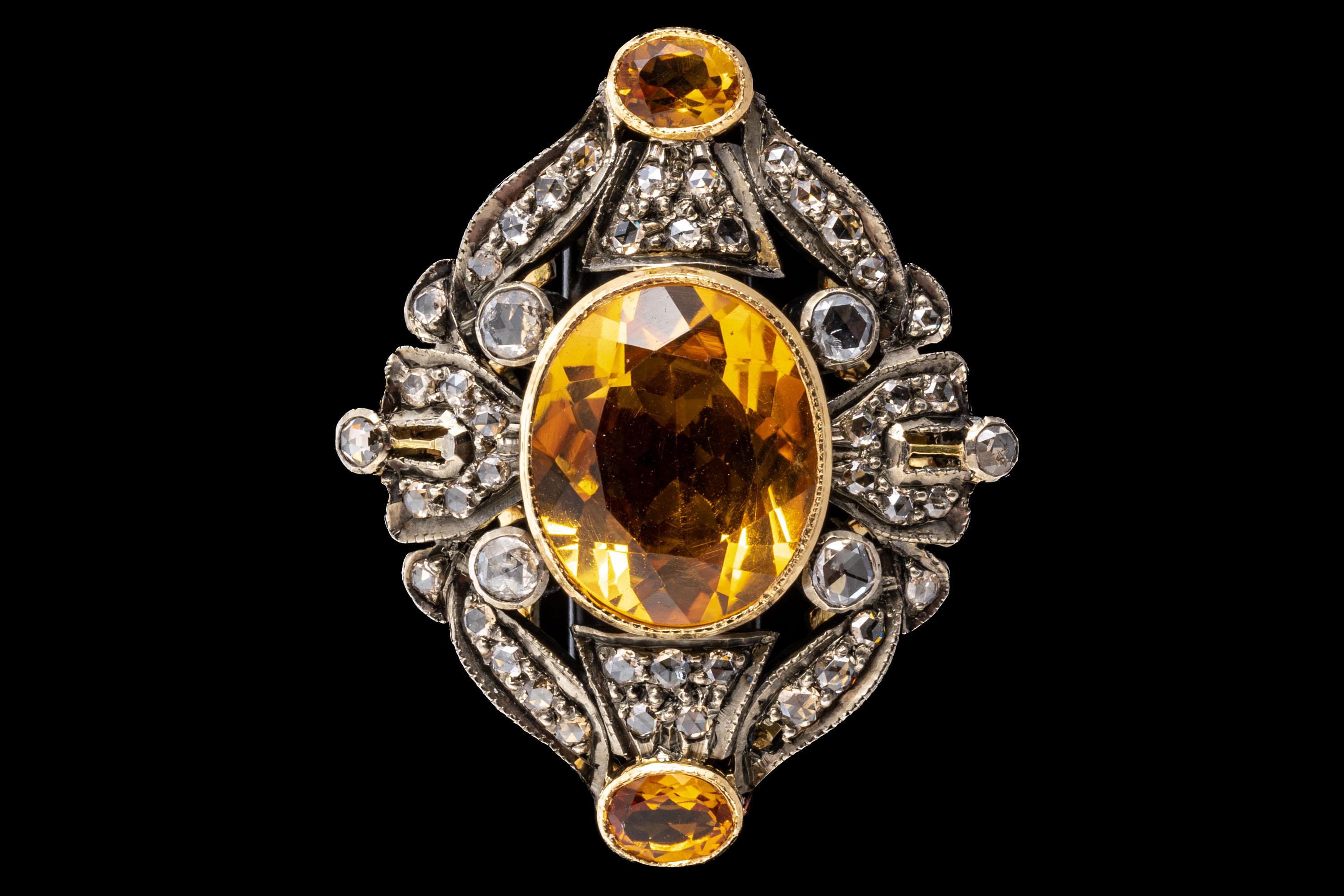 Retro 14k Yellow Gold Vintage Oval Citrine and Rose Cut Diamond Framed Ring For Sale