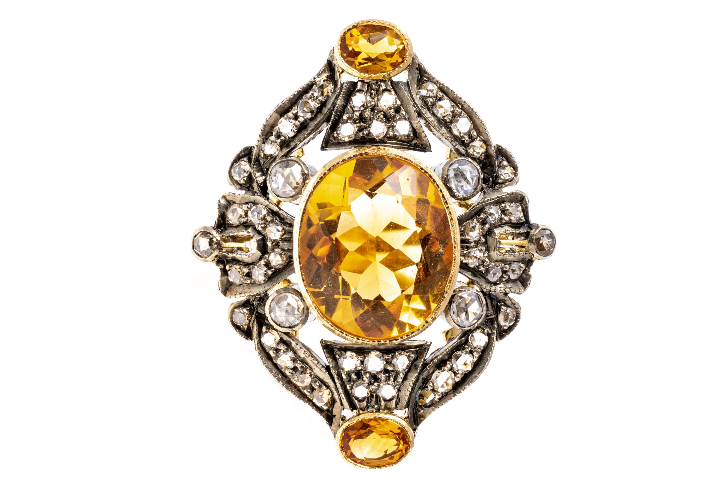 Oval Cut 14k Yellow Gold Vintage Oval Citrine and Rose Cut Diamond Framed Ring For Sale