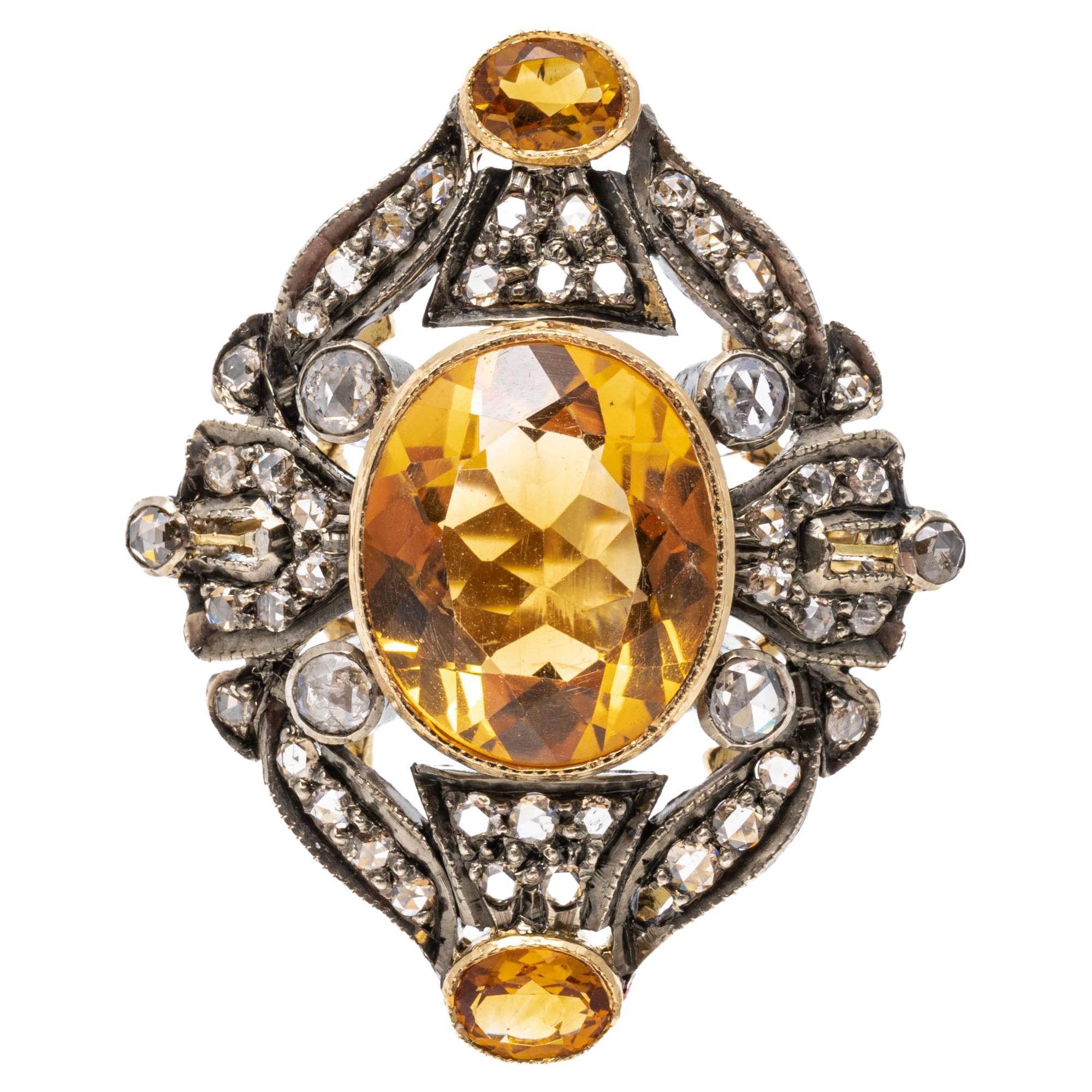 14k Yellow Gold Vintage Oval Citrine and Rose Cut Diamond Framed Ring For Sale