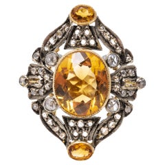 14k Yellow Gold Vintage Oval Citrine and Rose Cut Diamond Framed Ring