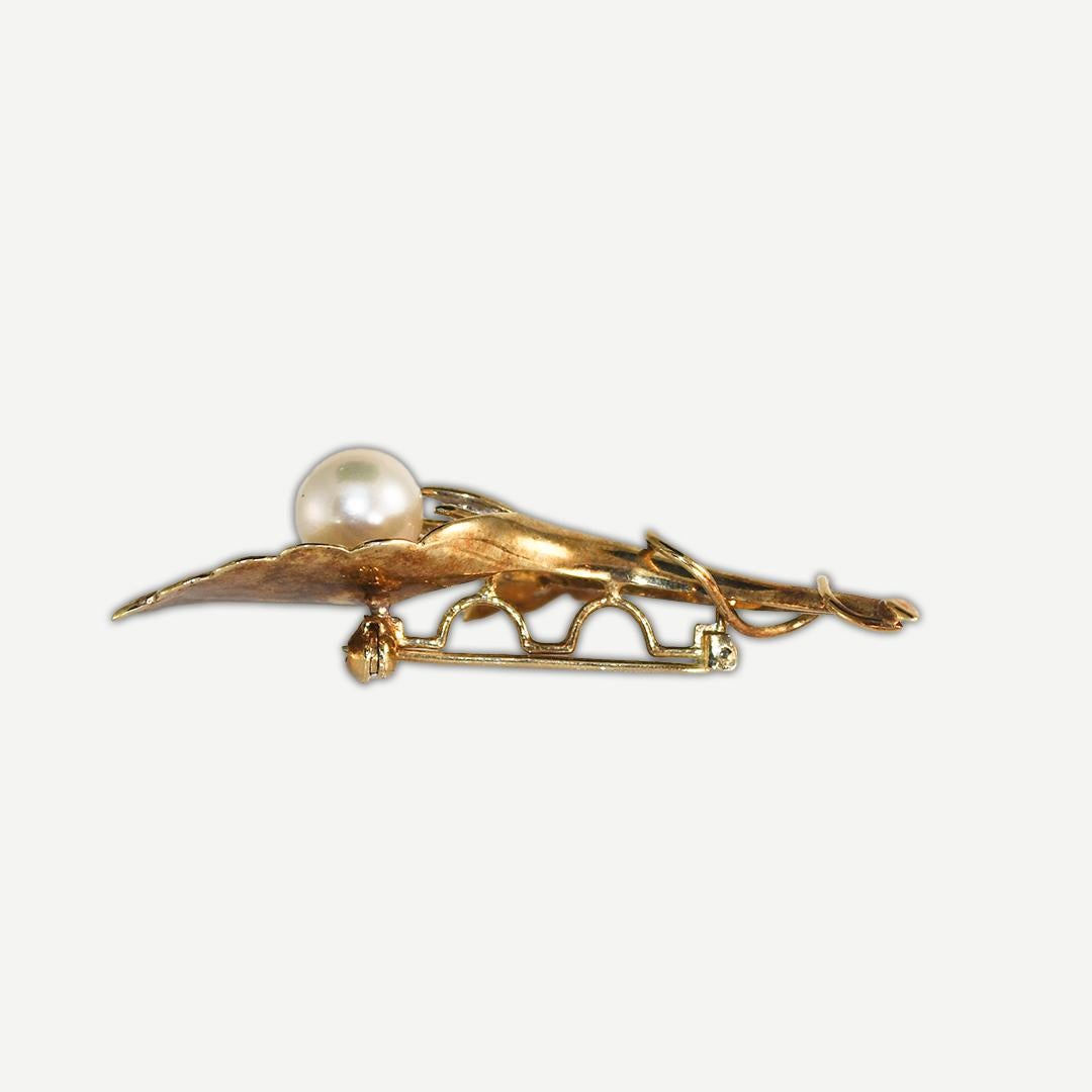 Single Cut 14K Yellow Gold Vintage Pearl and Diamond Brooch 8.7g