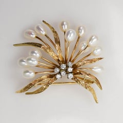 14K Gelbgold Vintage Perle & Diamant Brosche 0,25ct