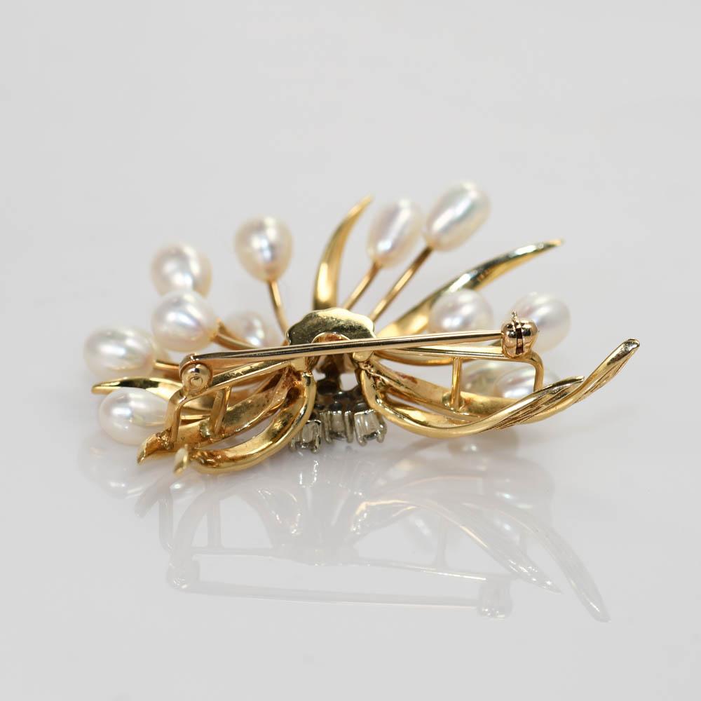 Round Cut 14K Yellow Gold Vintage Pearl & Diamond Brooch 0.25ct For Sale