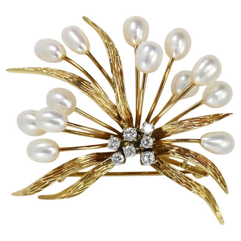 Broche en or jaune 14K perles et diamants vintage 0.25ct