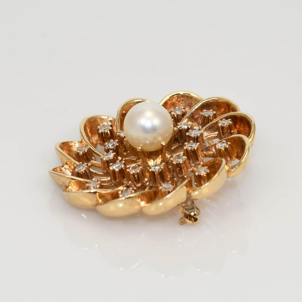 Taille brillant Broche vintage en or jaune 14 carats avec perles et diamants, 14,7 g en vente
