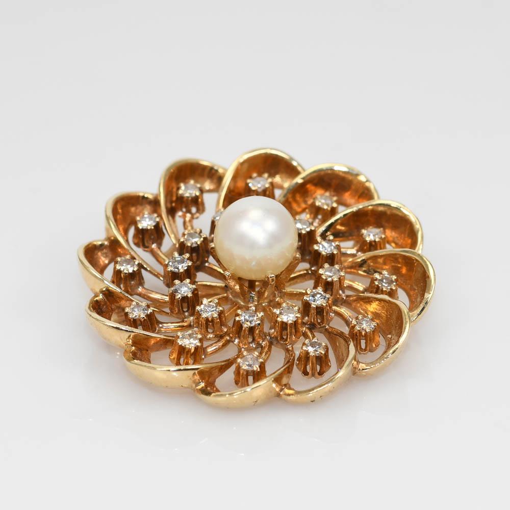 Brilliant Cut 14K Yellow Gold Vintage Pearl & Diamond Brooch, 14.7g, .72tdw For Sale