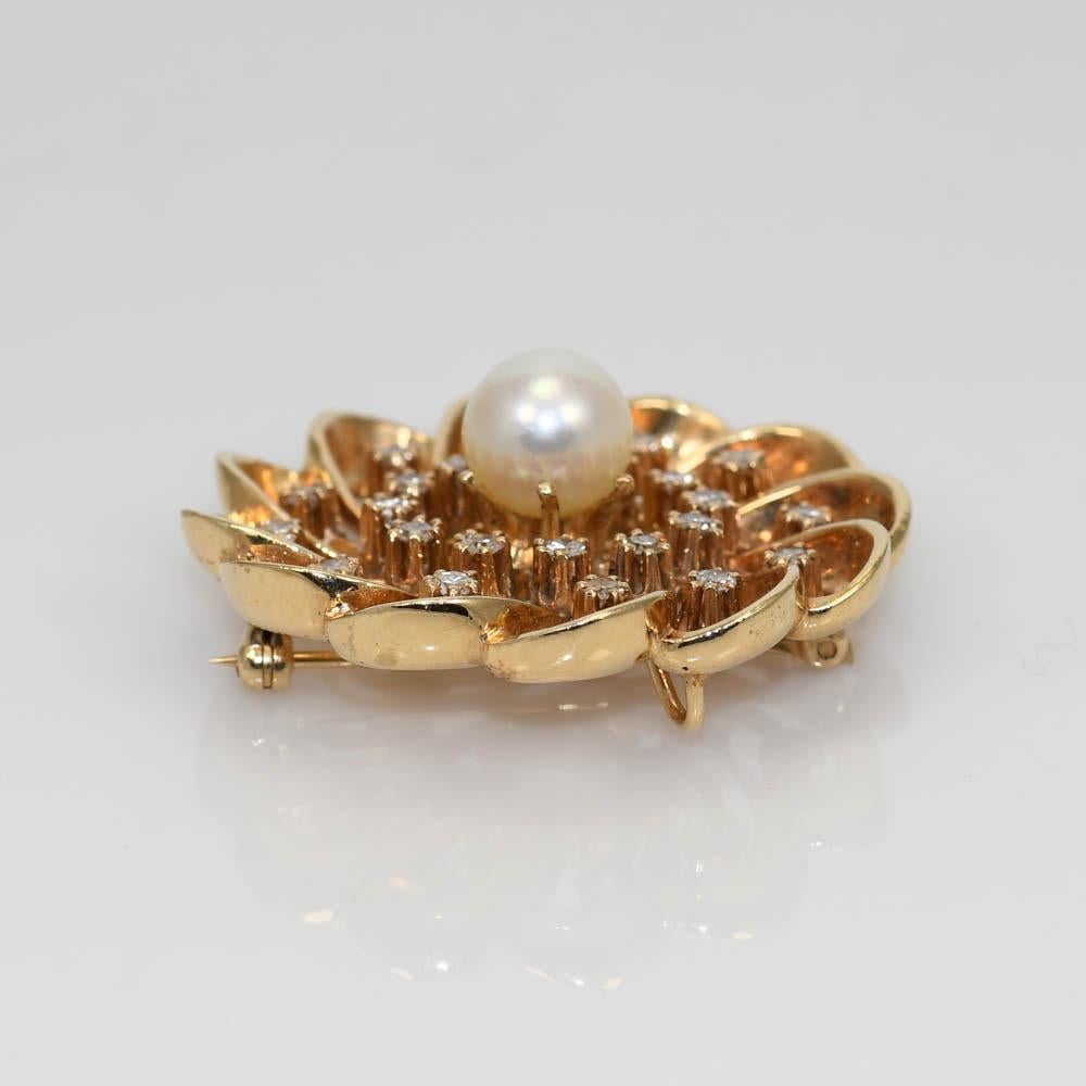 Women's 14K Yellow Gold Vintage Pearl & Diamond Brooch, 14.7g, .72tdw For Sale