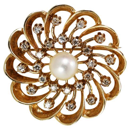 14K Yellow Gold Vintage Pearl & Diamond Brooch, 14.7g, .72tdw