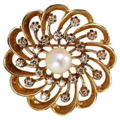 14K Yellow Gold Vintage Pearl & Diamond Brooch, 14.7g, .72tdw