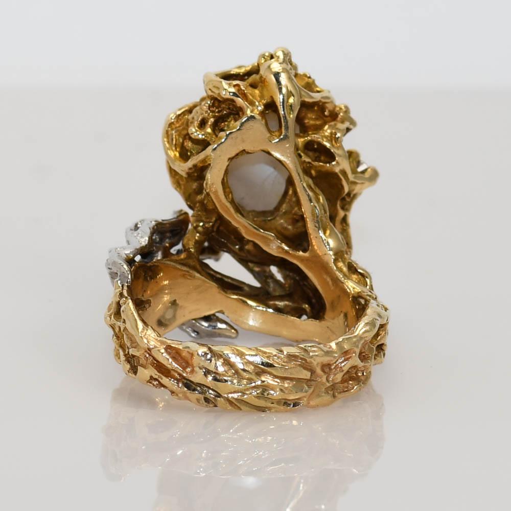 14K Gelbgold Vintage Perlen- und Diamantring 15,2 g Vintage (Rundschliff)