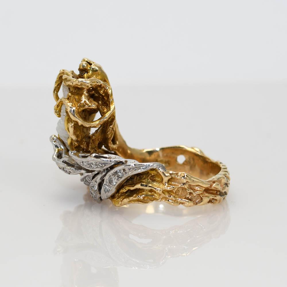 14K Gelbgold Vintage Perlen- und Diamantring 15,2 g Vintage im Zustand „Hervorragend“ in Laguna Beach, CA