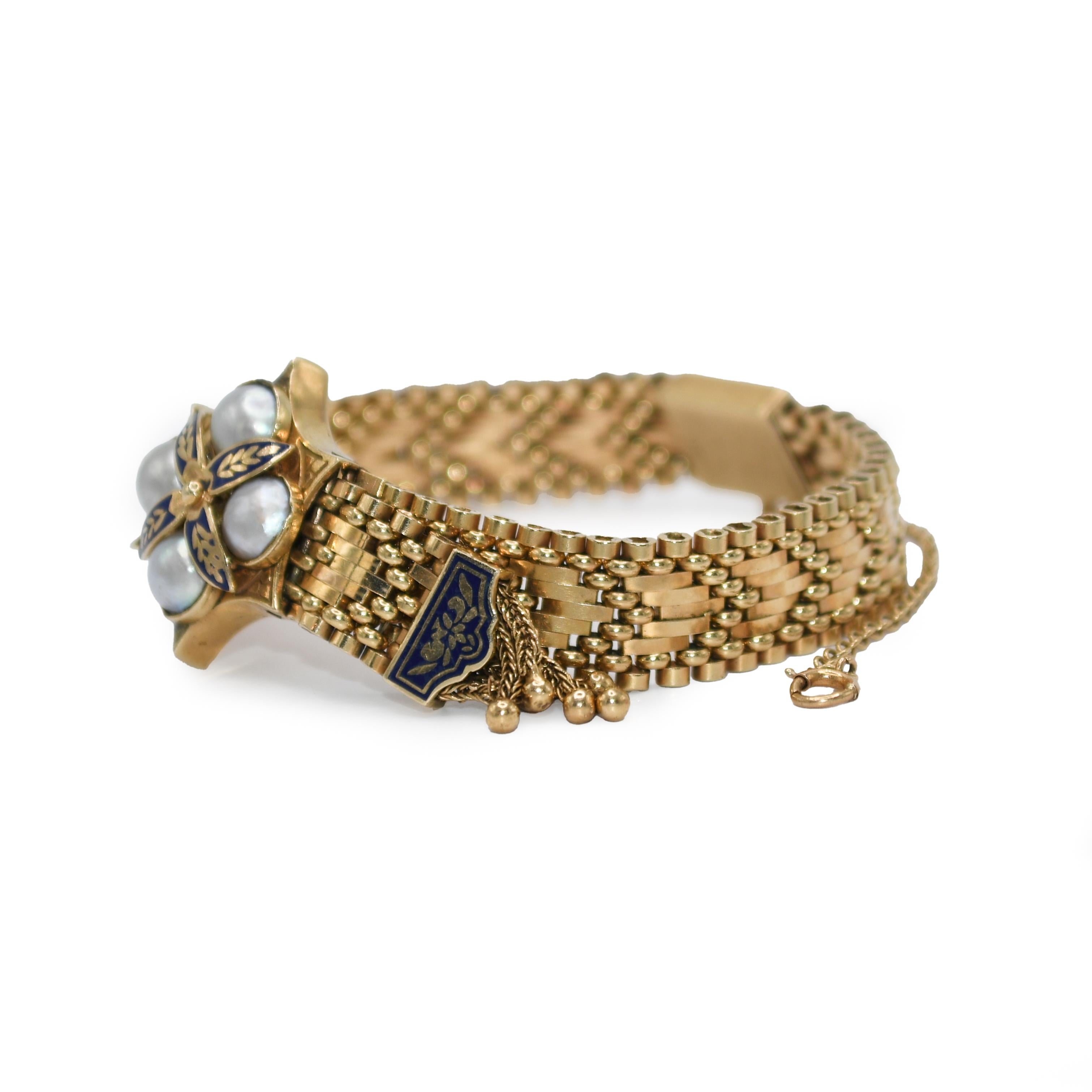 14K Yellow Gold Vintage Pearl Link Bracelet For Sale 1