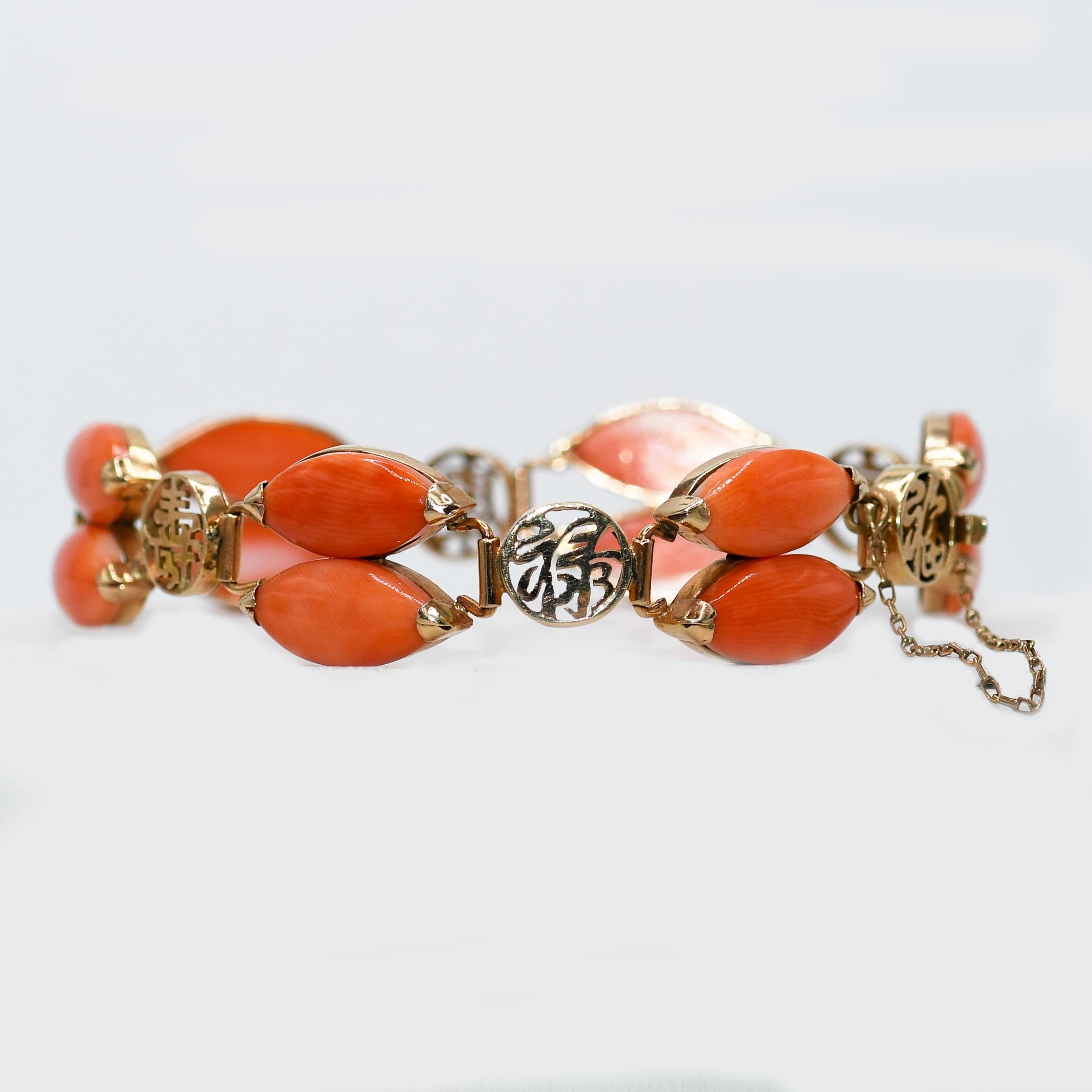 14K Yellow Gold Vintage Pink Coral Bracelet, 16g In Excellent Condition For Sale In Laguna Beach, CA