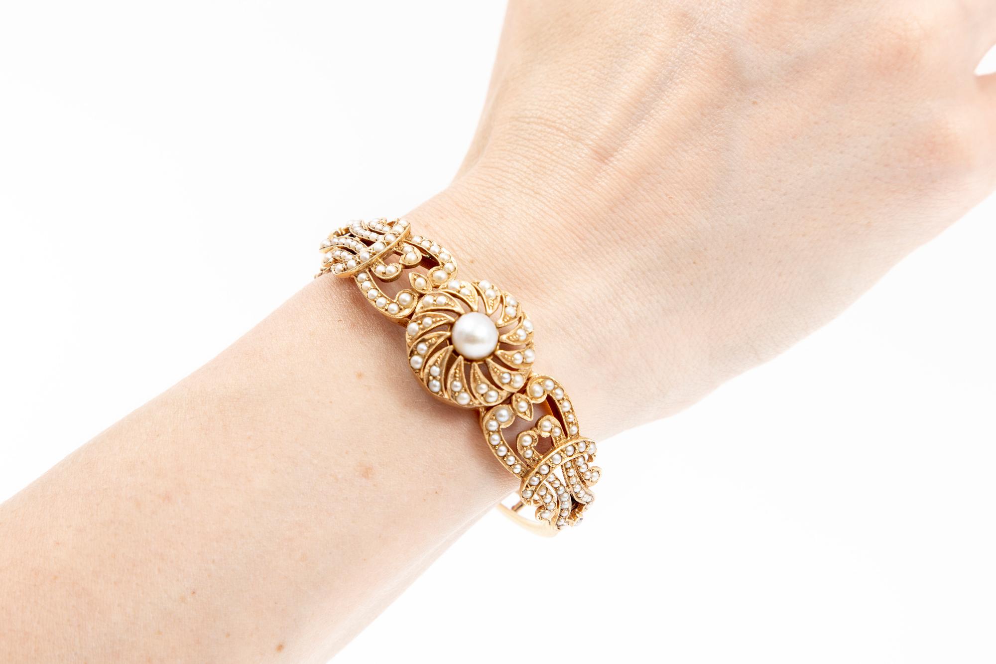 14k Yellow Gold Vintage Retro Style Seed Pearl Bangle Style Bracelet For Sale 1