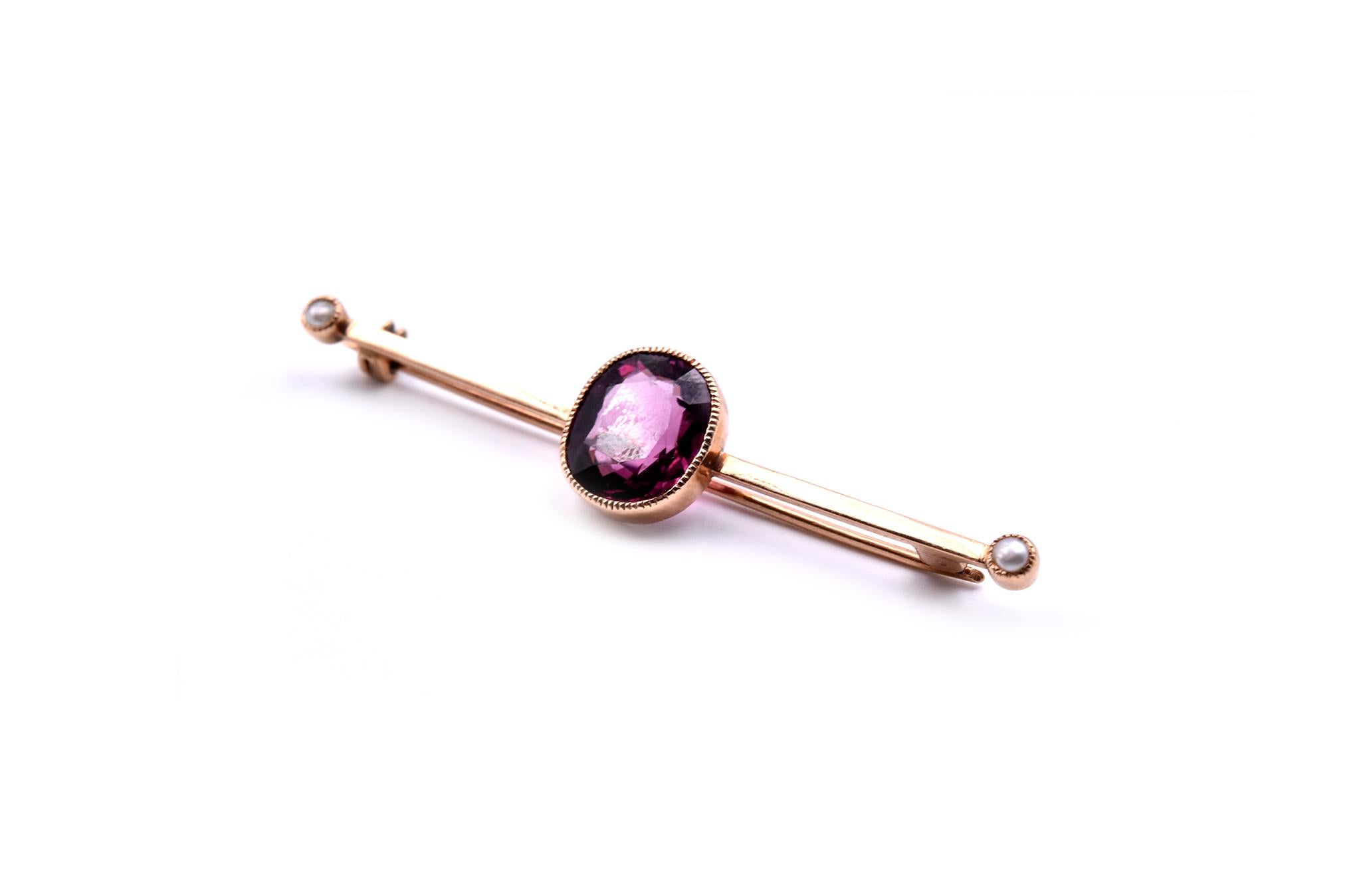 Designer: custom design
Material: 14k yellow gold
Rhodalite Garnet: cushion cut= 4.35ct
Dimensions: pin measures 58.72mm long and garner is 12.50mm by 11.03mm
Weight: 3.85 grams
