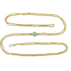 14K Yellow Gold Vintage Rope Watch Chain with Turquoise & Seed Pearls