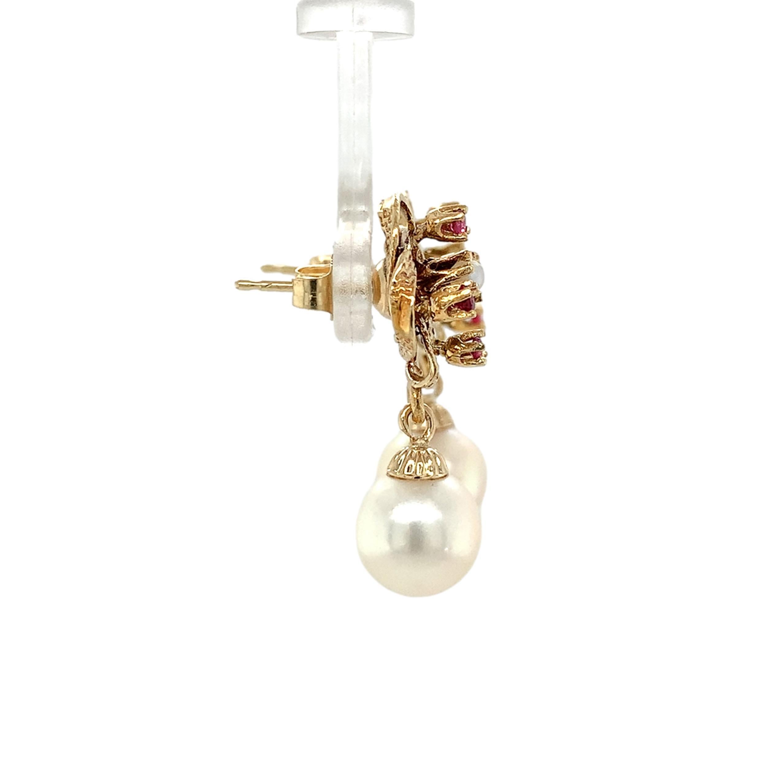 Round Cut 14K Yellow Gold Vintage Ruby and Pearl Earrings with 8.9mm Pearl Drops For Sale
