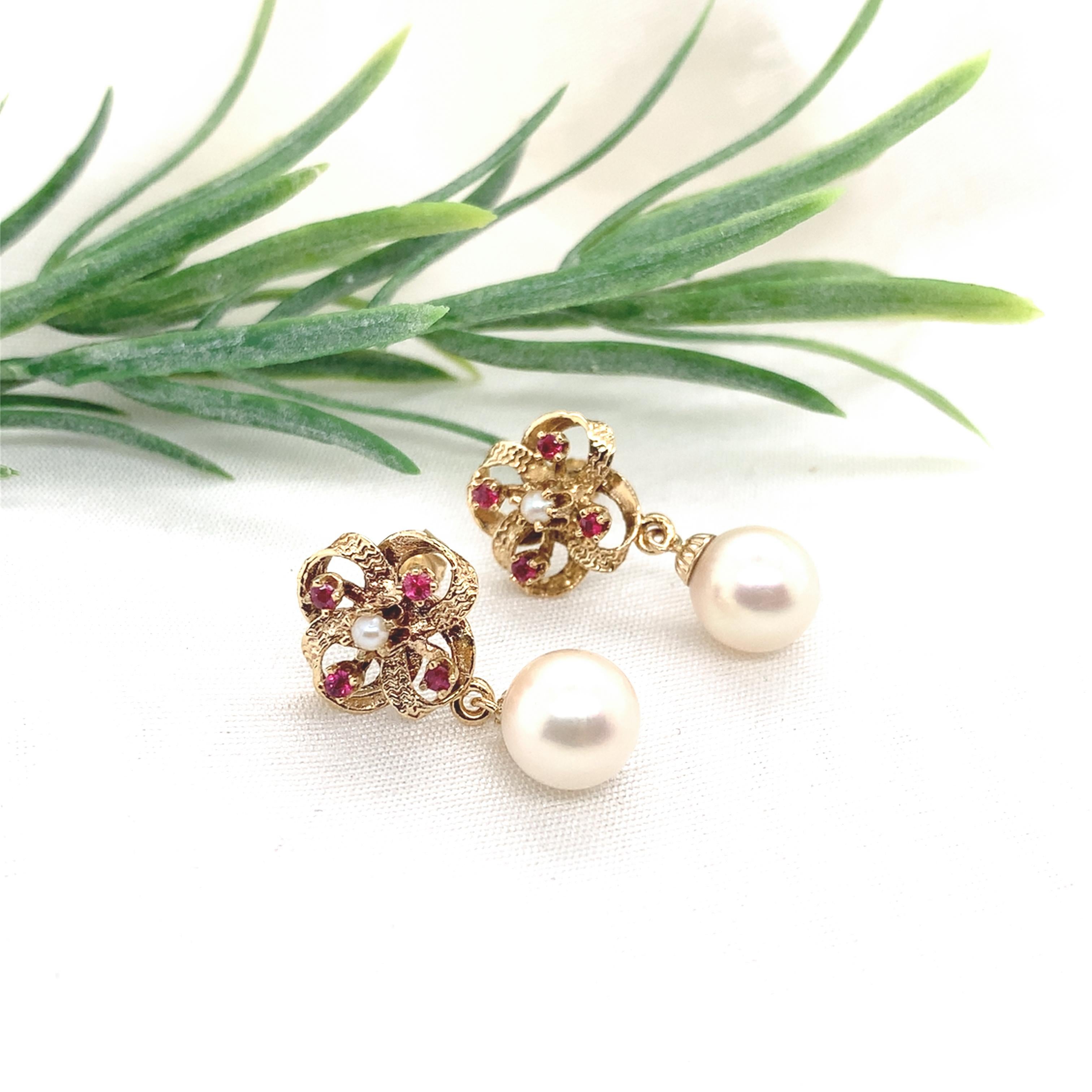 Women's 14K Yellow Gold Vintage Ruby and Pearl Earrings with 8.9mm Pearl Drops For Sale