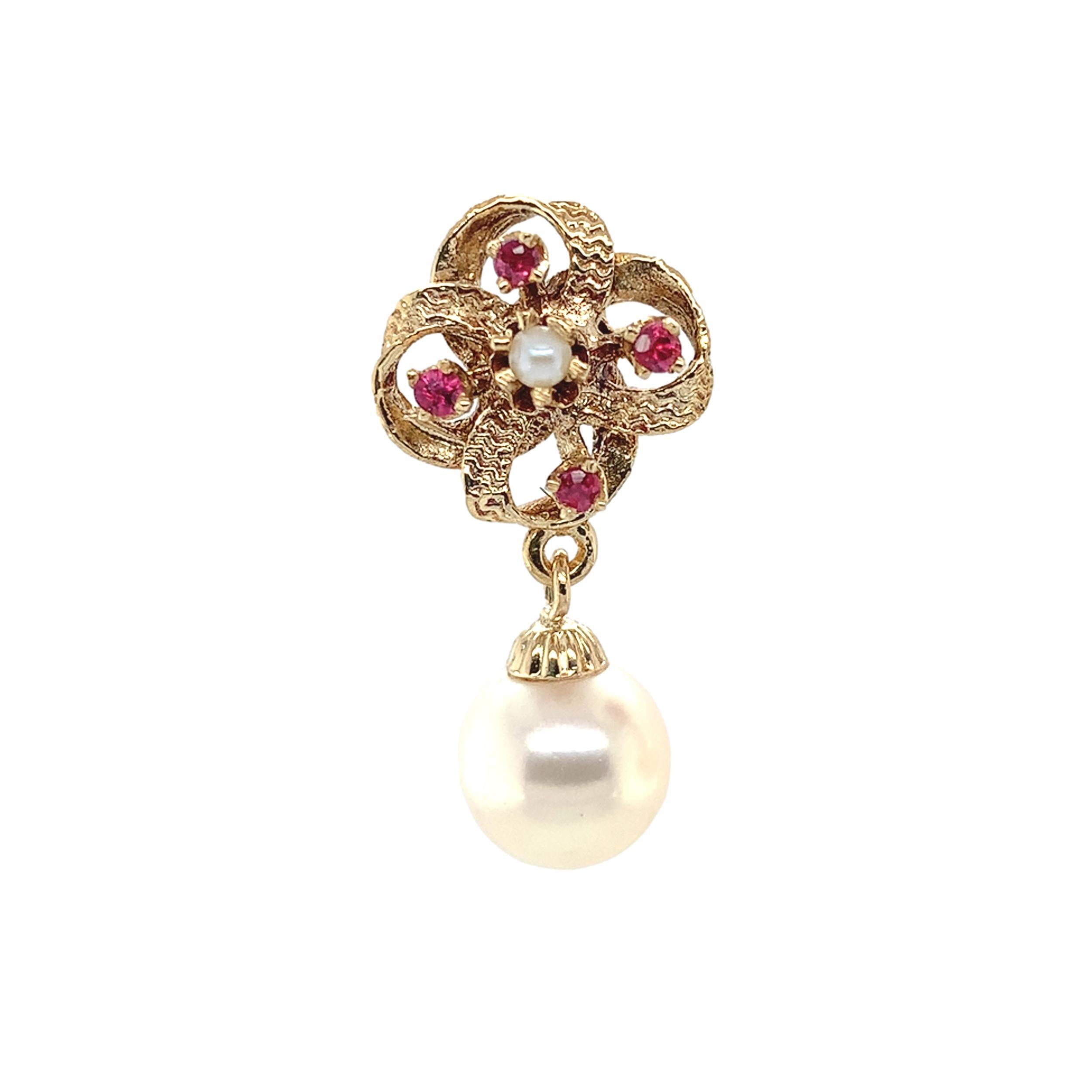 14K Yellow Gold Vintage Ruby and Pearl Earrings with 8.9mm Pearl Drops For Sale 1