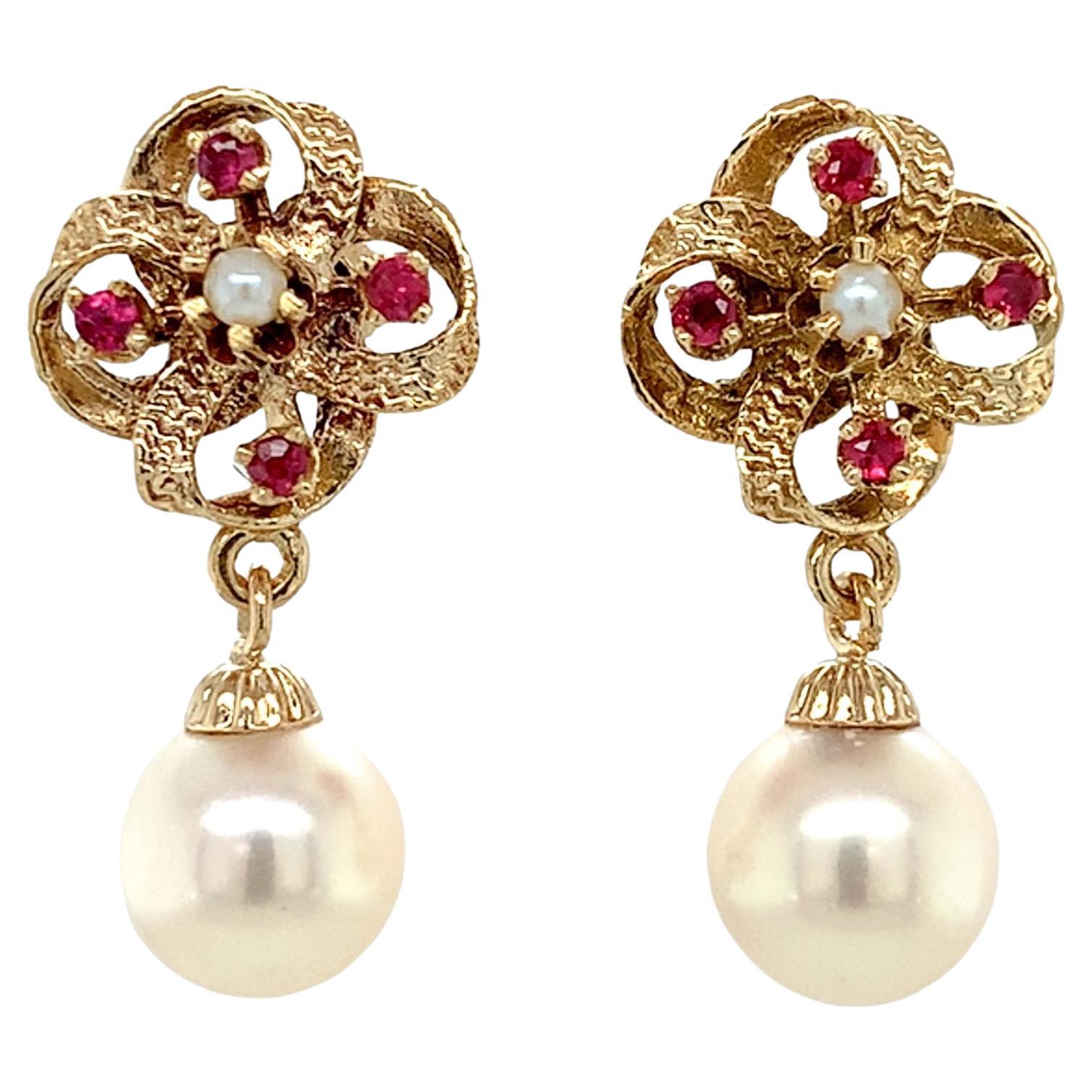 14K Yellow Gold Vintage Ruby and Pearl Earrings with 8.9mm Pearl Drops For Sale