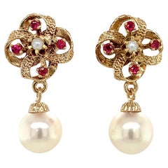 14K Yellow Gold Vintage Ruby and Pearl Earrings with 8.9mm Pearl Drops