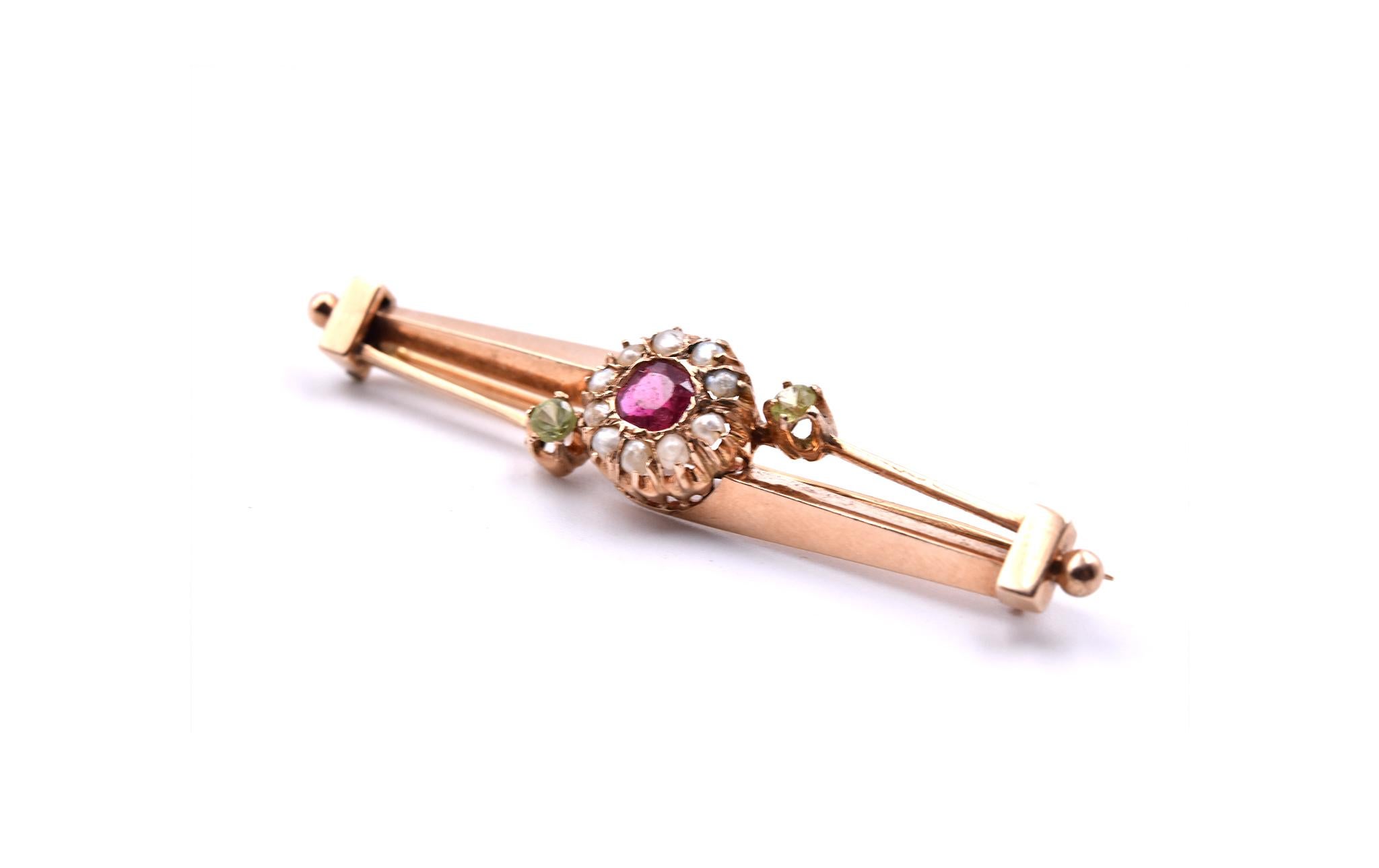 14 Karat Yellow Gold Vintage Ruby, Pearl and Peridot Pin In Excellent Condition In Scottsdale, AZ