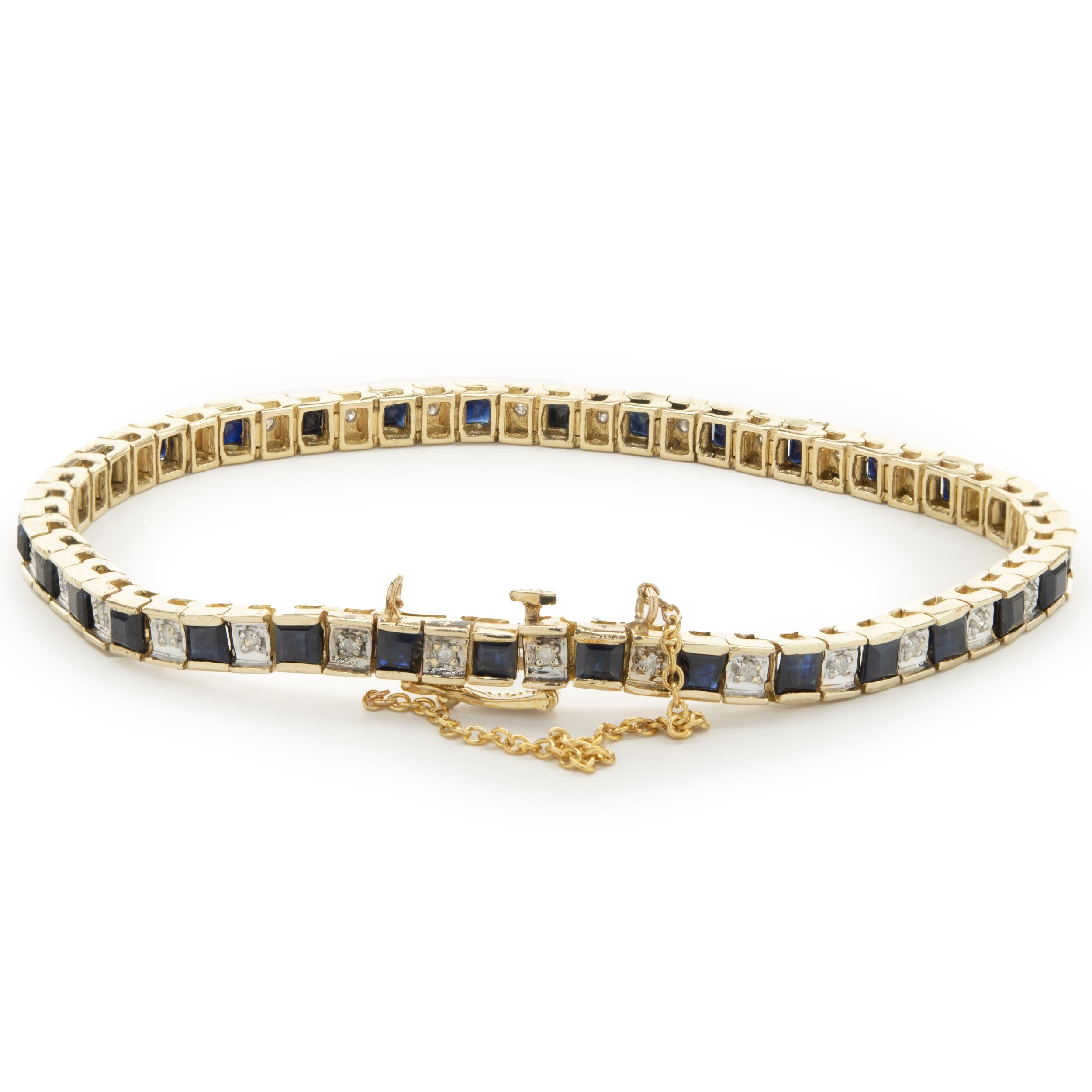 Princess Cut 14k Yellow Gold Vintage Sapphire and Diamond Alternating Inline Tennis Bracelet