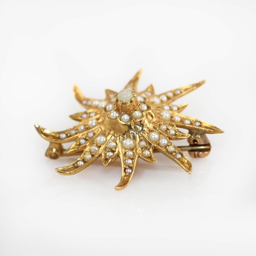 Bead 14K Yellow Gold Vintage Seed Pearl Brooch, 4.5gr For Sale