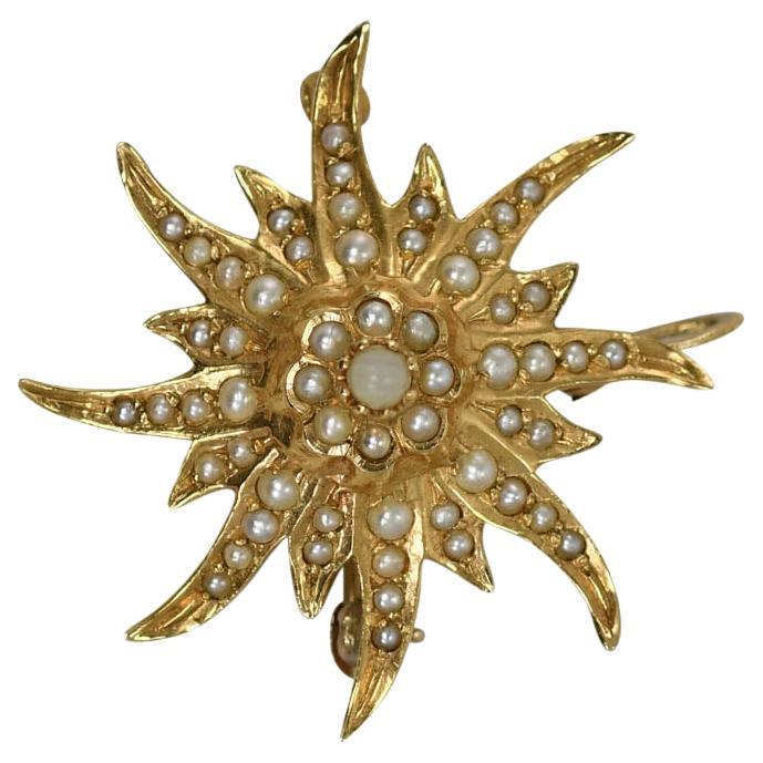 14K Yellow Gold Vintage Seed Pearl Brooch, 4.5gr For Sale