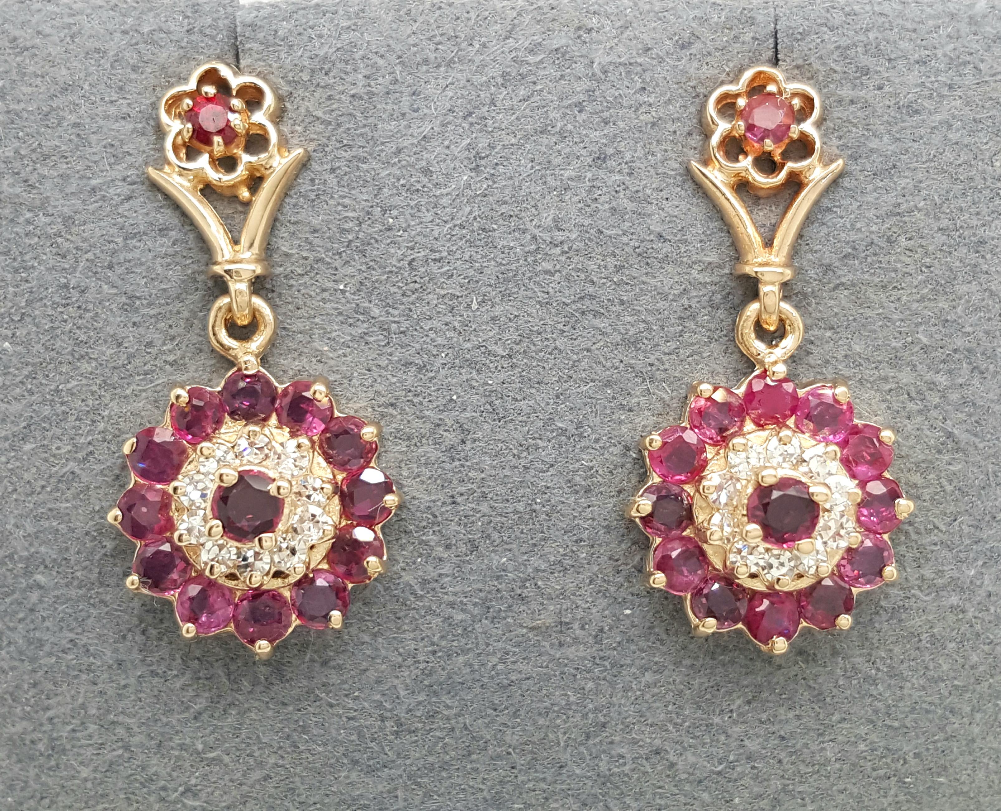 Retro 14 Karat Yellow Gold Vintage Style Diamond and Ruby Double Halo Earrings For Sale