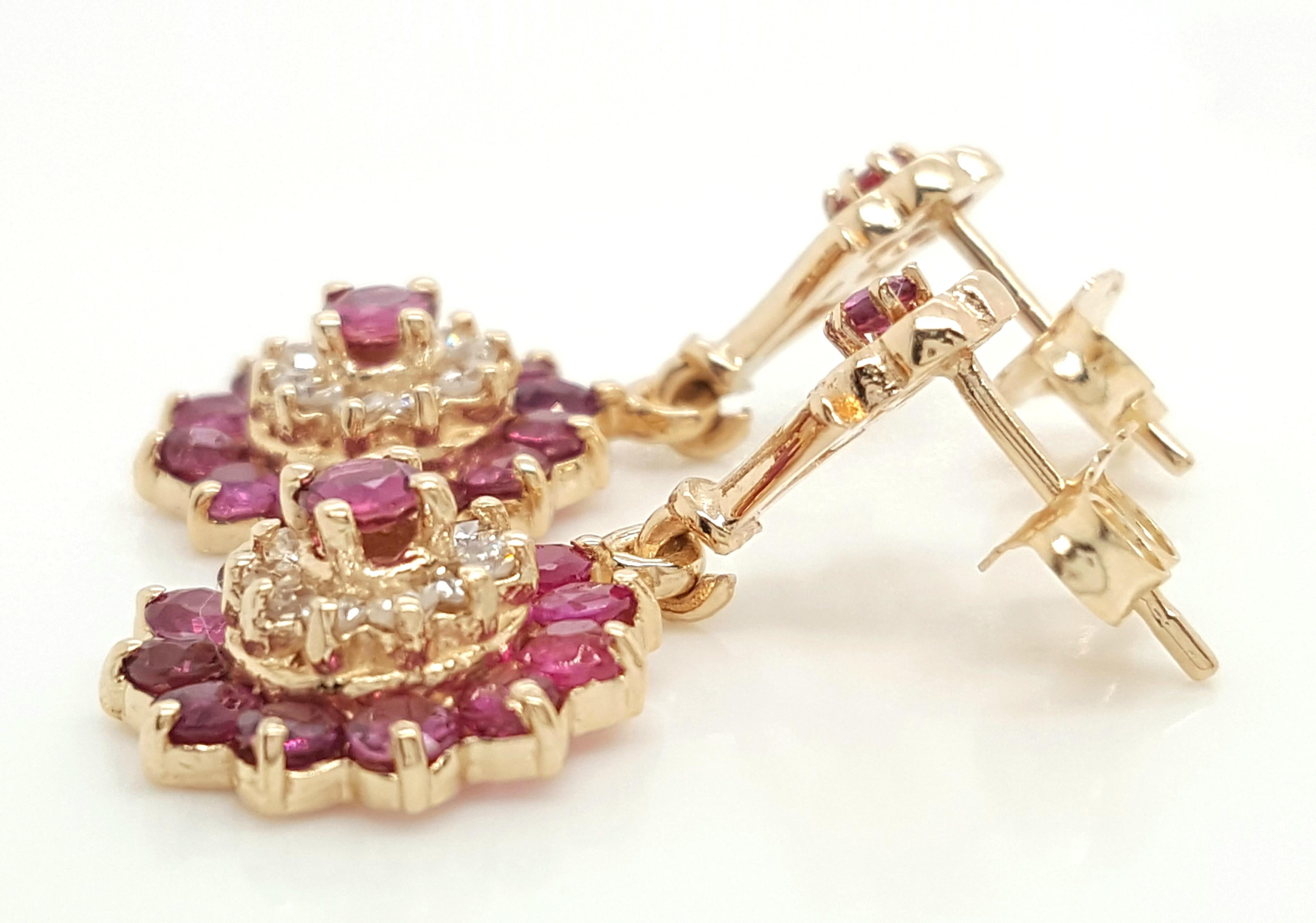 14 Karat Yellow Gold Vintage Style Diamond and Ruby Double Halo Earrings In Good Condition For Sale In Addison, TX