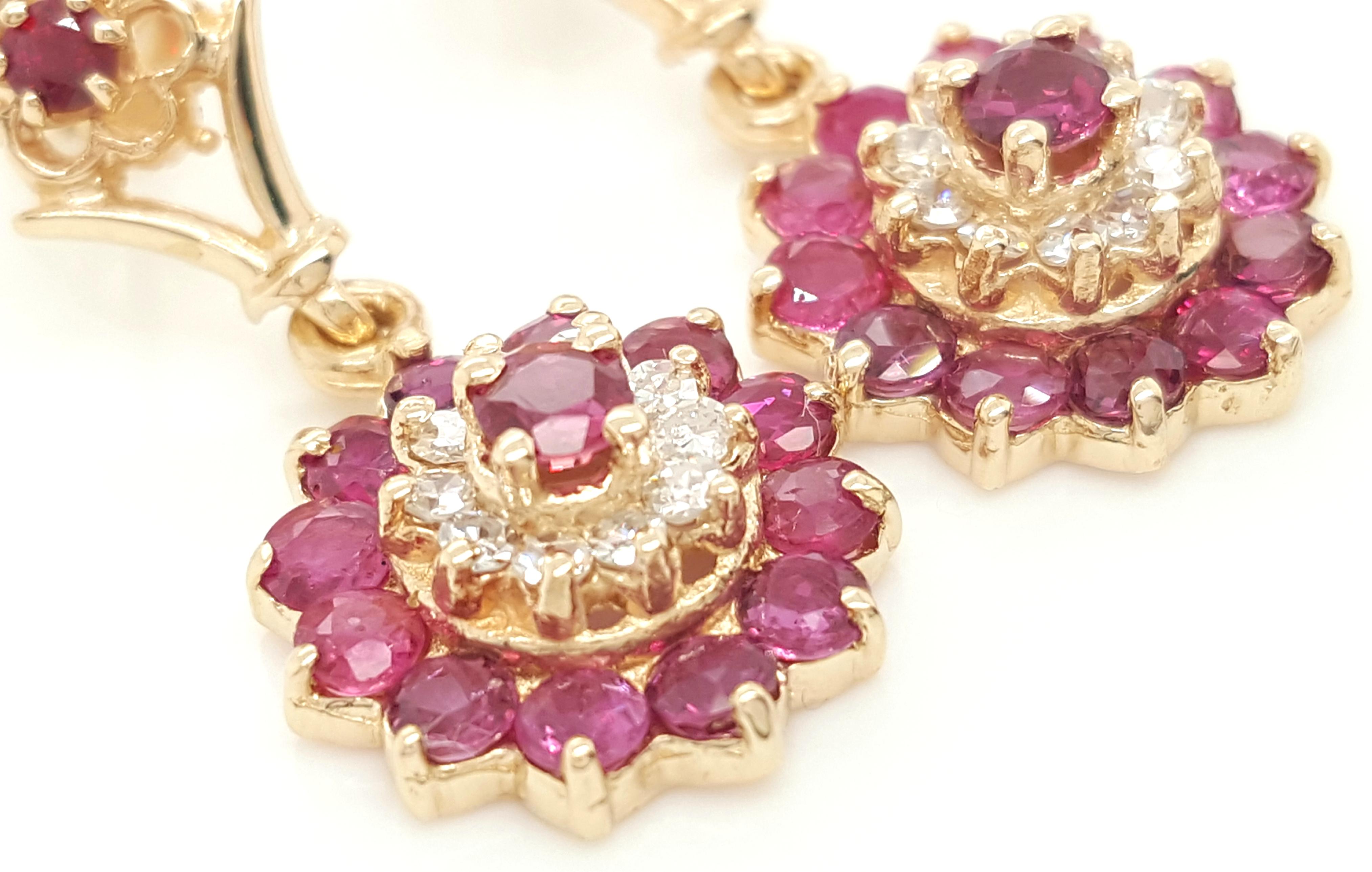 14 Karat Yellow Gold Vintage Style Diamond and Ruby Double Halo Earrings For Sale 1