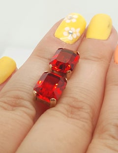 14 Karat Yellow Gold Vintage Style Emerald Cut Red Glass Stud Earrings