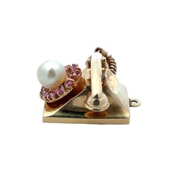 14K Yellow Gold Vintage Telephone Charm with Pearl & Pink Sapphire Dial