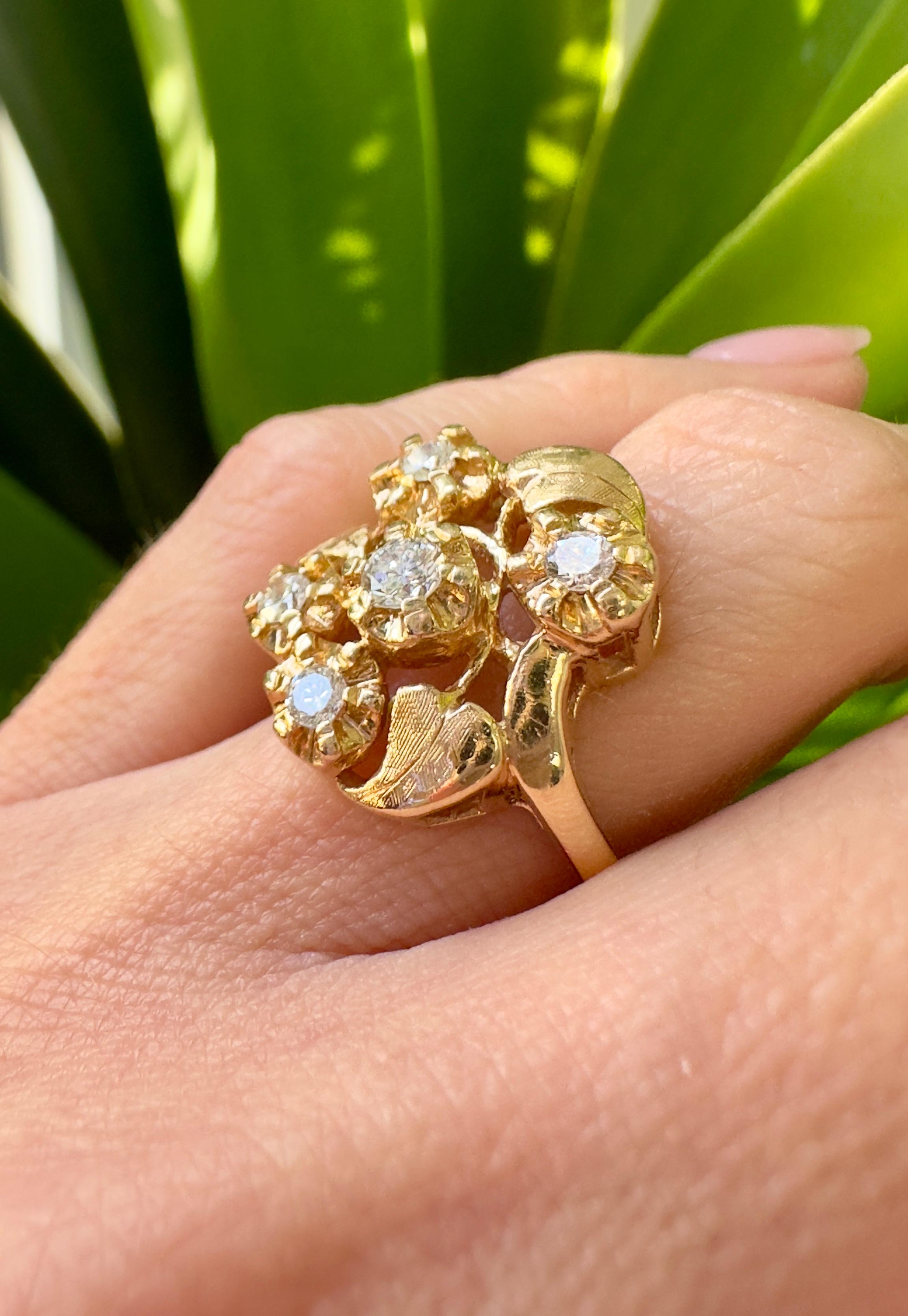 14k Yellow Gold Vintage Unique Flower Diamond Ring For Sale 1