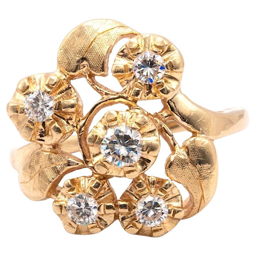 14k Yellow Gold Vintage Unique Flower Diamond Ring