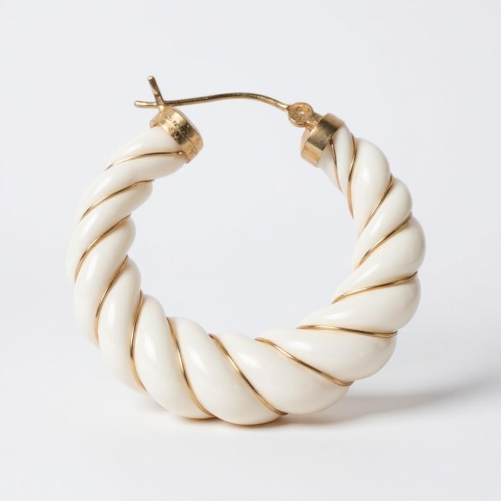 14K Yellow Gold Vintage White Enamel Twisted Rope Hoop Earrings 1