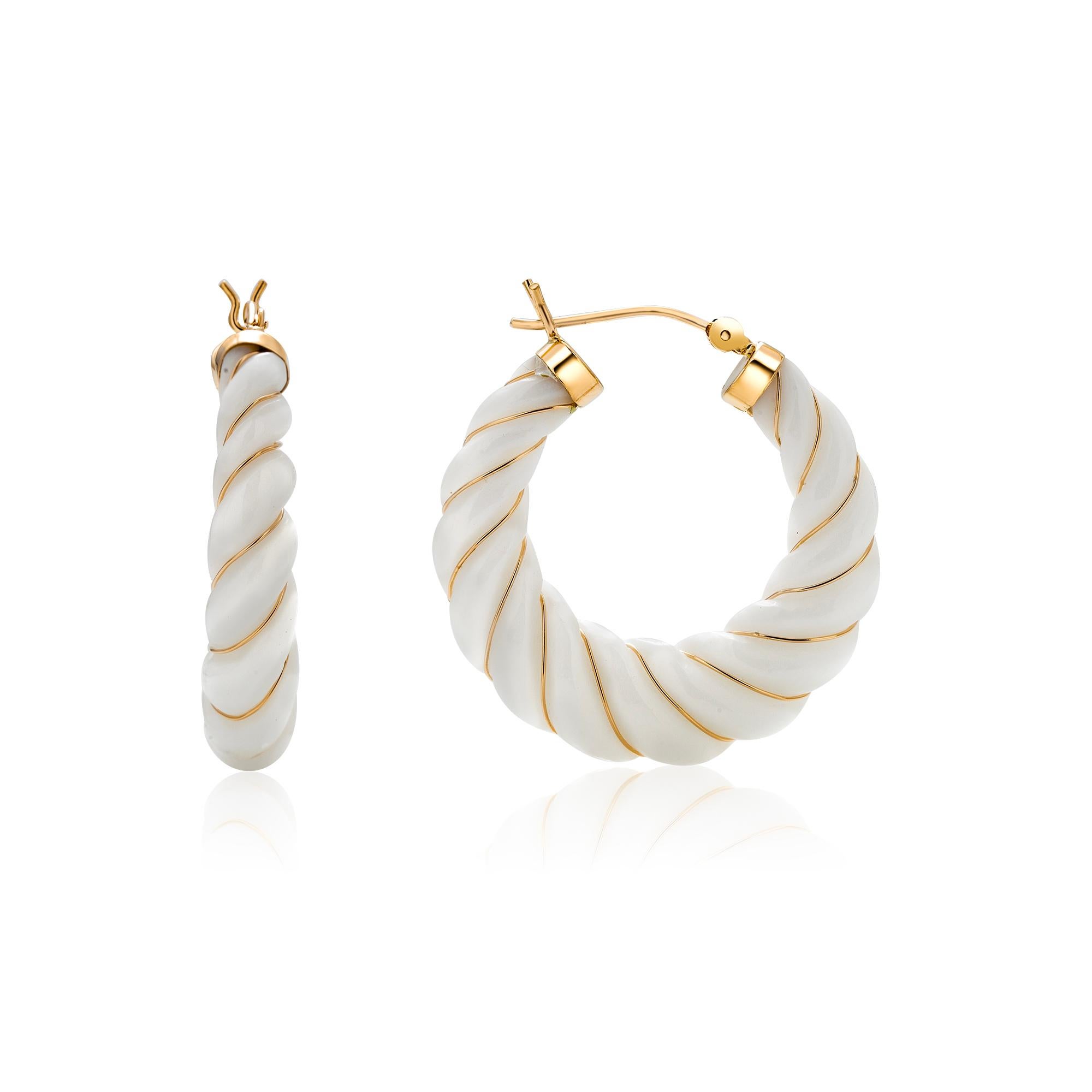 Women's or Men's 14K Yellow Gold Vintgae White Enamel Twisted Rope Hoop Earrings For Sale