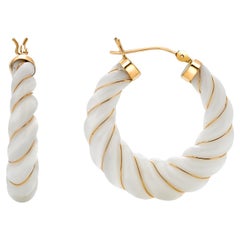 Vintage 14K Yellow Gold Vintgae White Enamel Twisted Rope Hoop Earrings