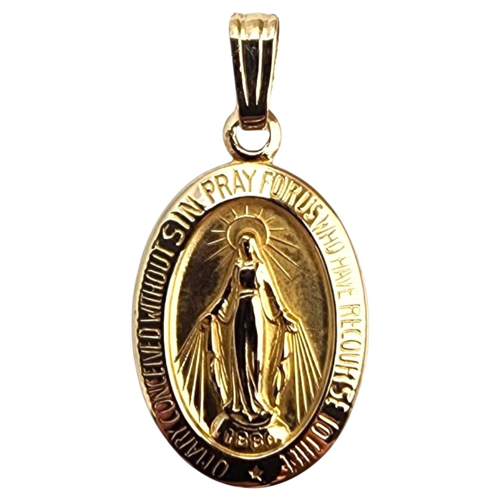 14K Yellow Gold Virgin Mary Miraculous Medal Pendant #22769 For Sale
